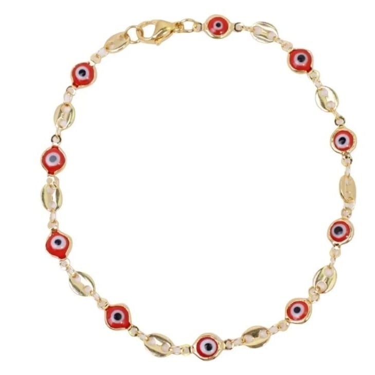 18K Gold Plated Mariner Red Evil Eye Crystal Anklet Image 4