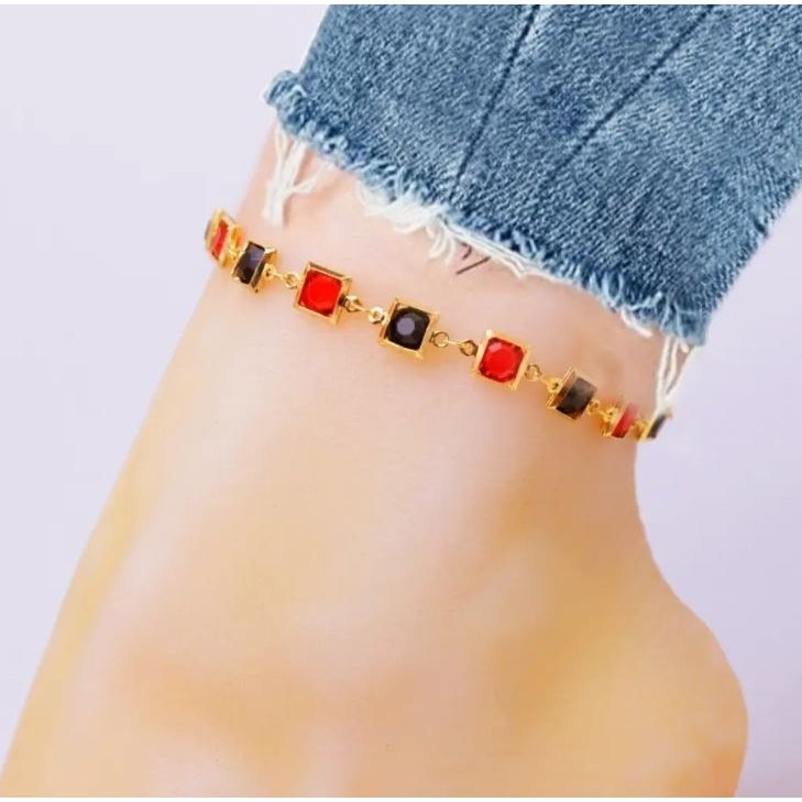 Red and Crystal Square Ankle Bracelet Image 1