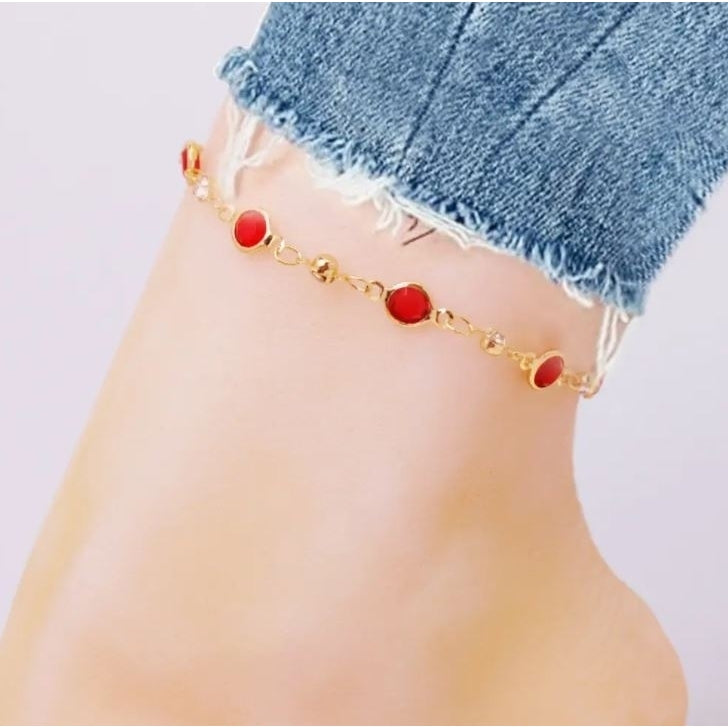 18K GOLD PLATED HIGH POLISH FINISH RED CRYSTAL ANKLET Image 1