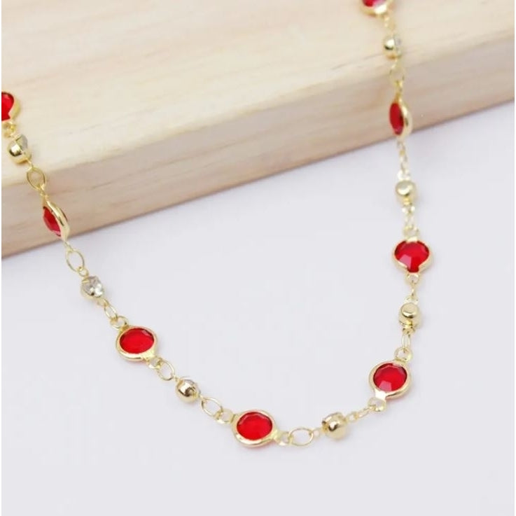 18K GOLD PLATED HIGH POLISH FINISH RED CRYSTAL ANKLET Image 3