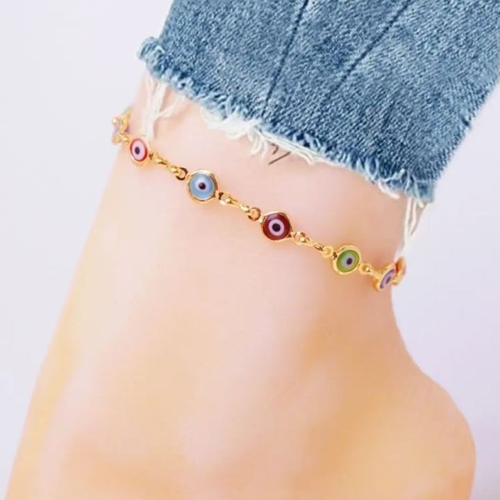 18K Gold Plated Mariner Multi Color Evil Eye Crystal Anklet Image 4