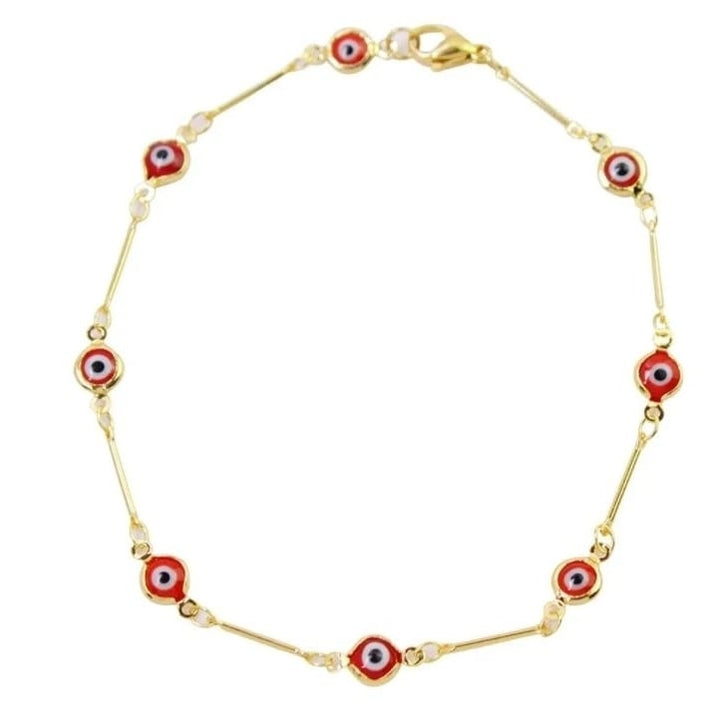 18K Gold Plated Bar Style Red Evil Eye Crystal Anklet Image 3