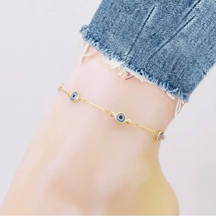 18K Gold Plated Bar Style Light Blue Evil Eye Crystal Anklet Image 1