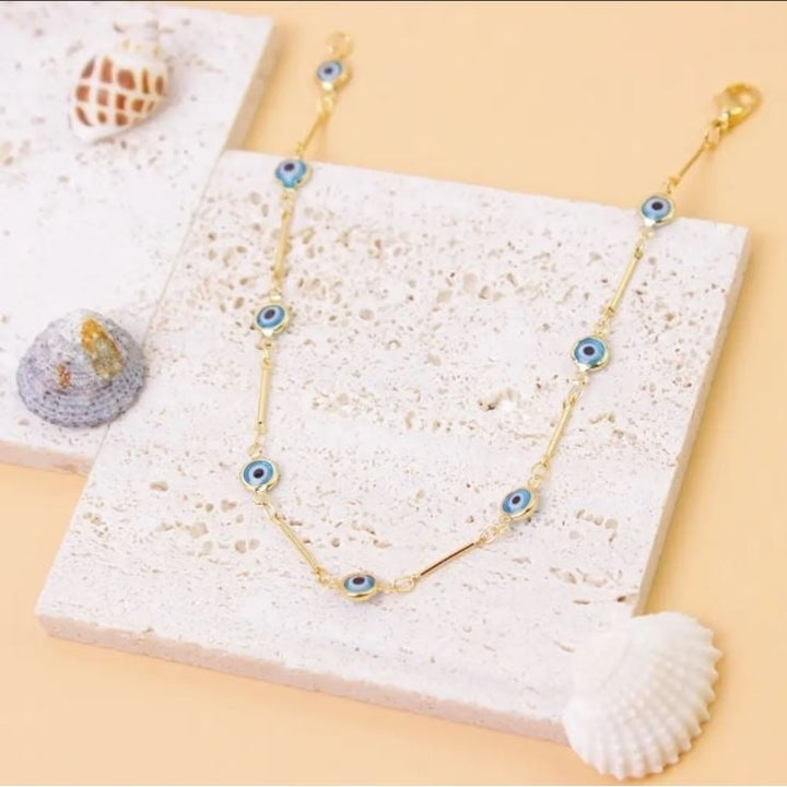 18K Gold Plated Bar Style Light Blue Evil Eye Crystal Anklet Image 2