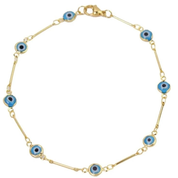 18K Gold Plated Bar Style Light Blue Evil Eye Crystal Anklet Image 3