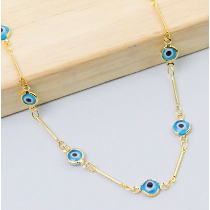 18K Gold Plated Bar Style Light Blue Evil Eye Crystal Anklet Image 4