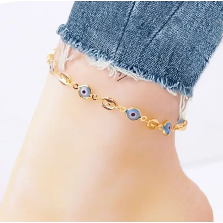 18K Gold Plated Mariner Light Blue Evil Eye Crystal Anklet Image 1