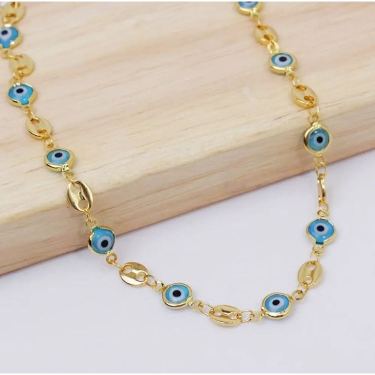 18K Gold Plated Mariner Light Blue Evil Eye Crystal Anklet Image 2