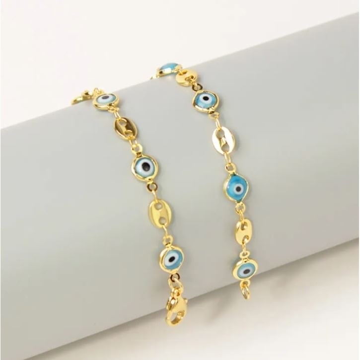 18K Gold Plated Mariner Light Blue Evil Eye Crystal Anklet Image 3