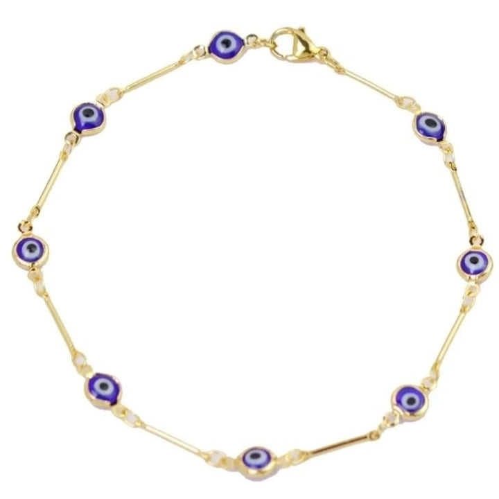 18K Gold Plated Bar Style Blue Evil Eye Crystal Anklet Image 1