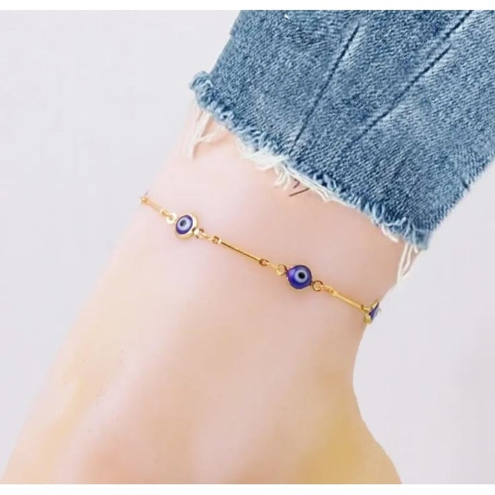 18K Gold Plated Bar Style Blue Evil Eye Crystal Anklet Image 2