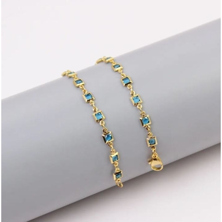 18K Gold Plated Light Blue Crystal Square Ankle Bracelet Image 1