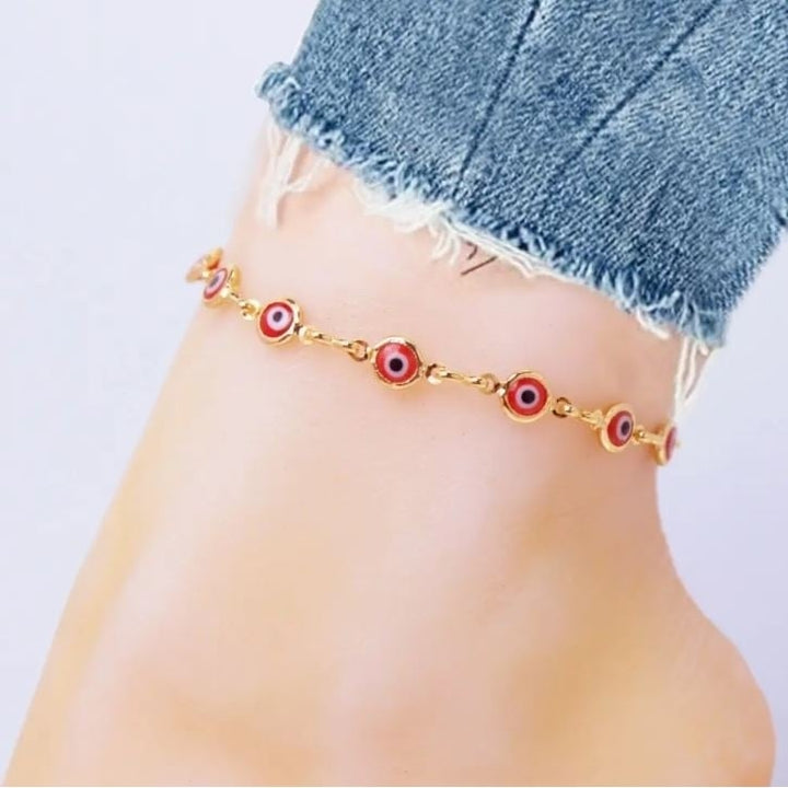 18K Gold Plated Red Evil Eye Anklet Image 1