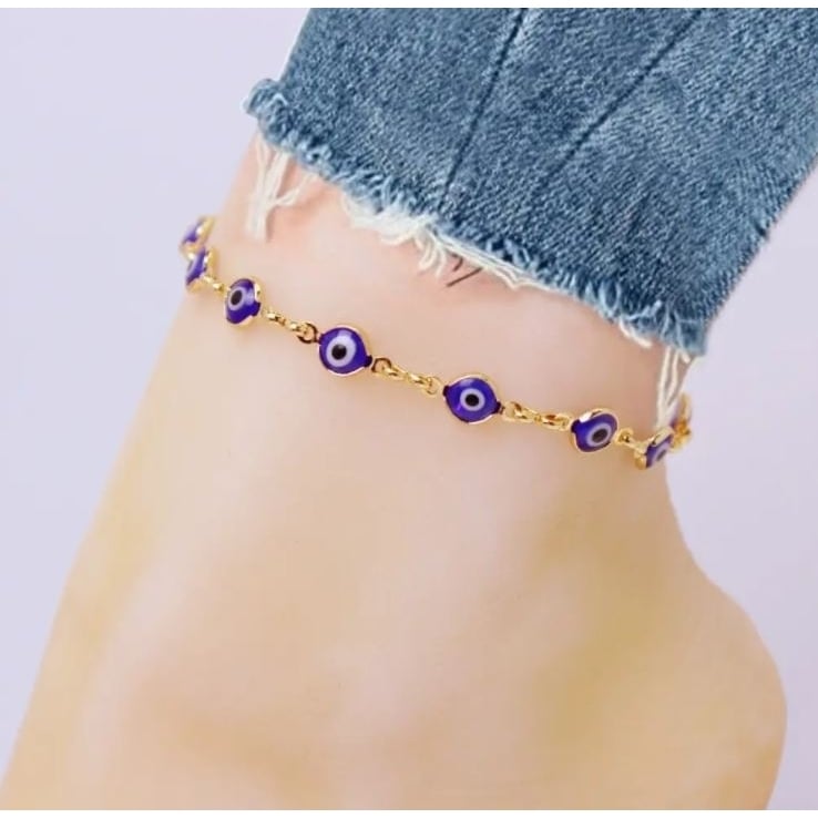 18K Gold Plated Blue Evil Eye Anklet Image 2