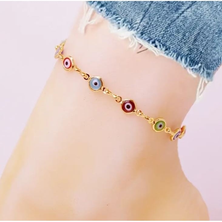 Multi Color Crystal - 18K Gold Plated Evil Eye Anklet Image 1