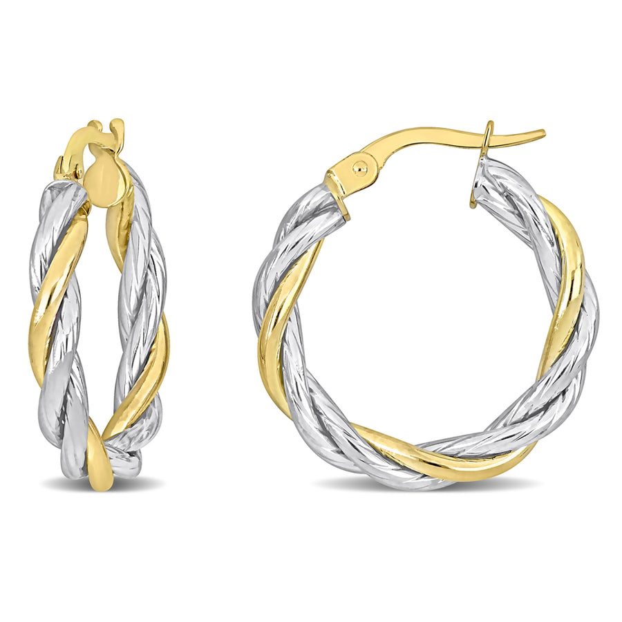 10K Yellow and White Gold Twisted Hoop Earrings (25mm) Image 1