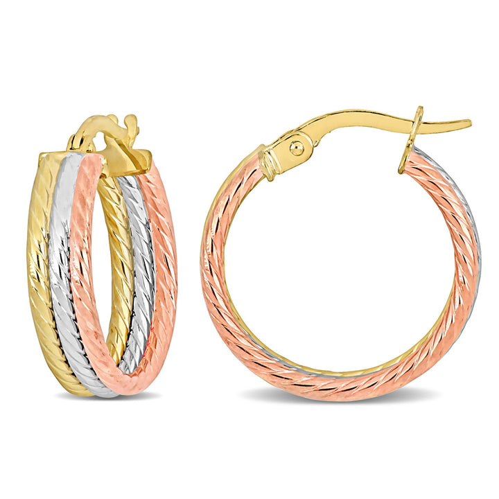 10K Yellow White and Rose Gold Triple Row Twisted Hoop Earrings Image 1