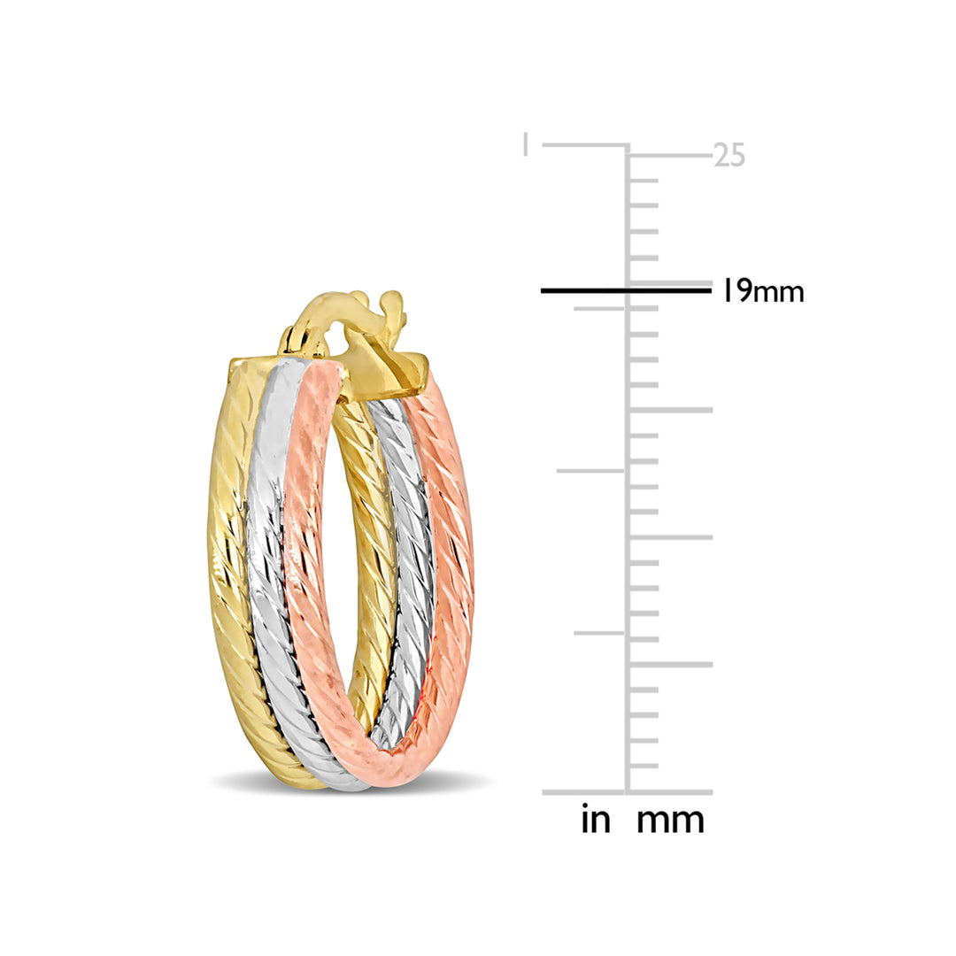 10K Yellow White and Rose Gold Triple Row Twisted Hoop Earrings Image 3