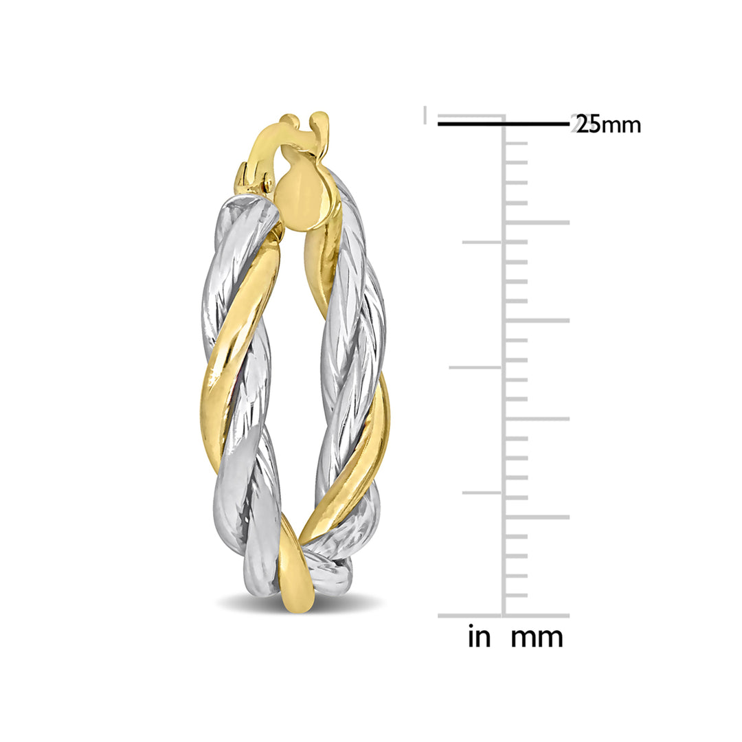 10K Yellow and White Gold Twisted Hoop Earrings (25mm) Image 4