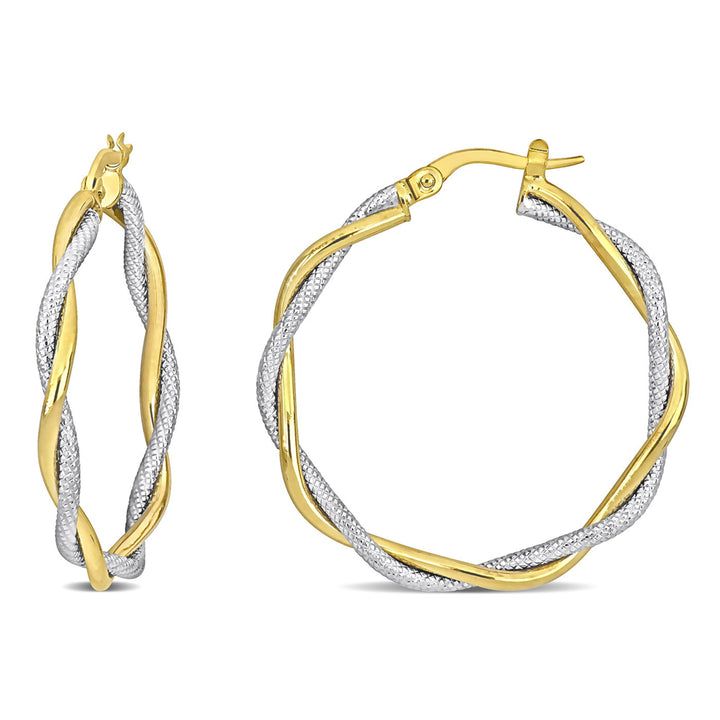 10K Yellow and White Gold Twisted Hoop Earrings (33mm) Image 1