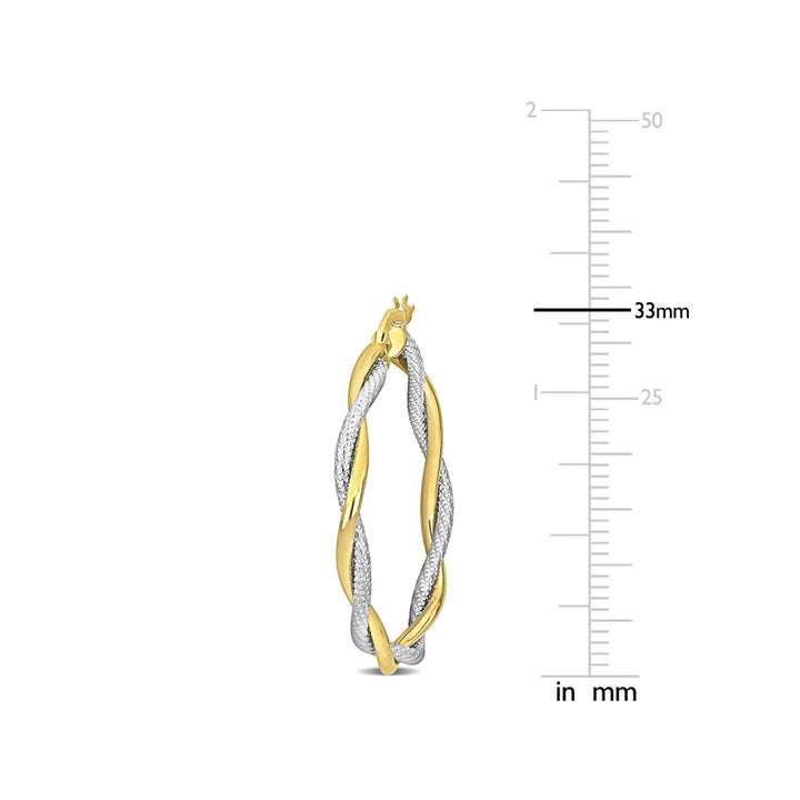 10K Yellow and White Gold Twisted Hoop Earrings (33mm) Image 3