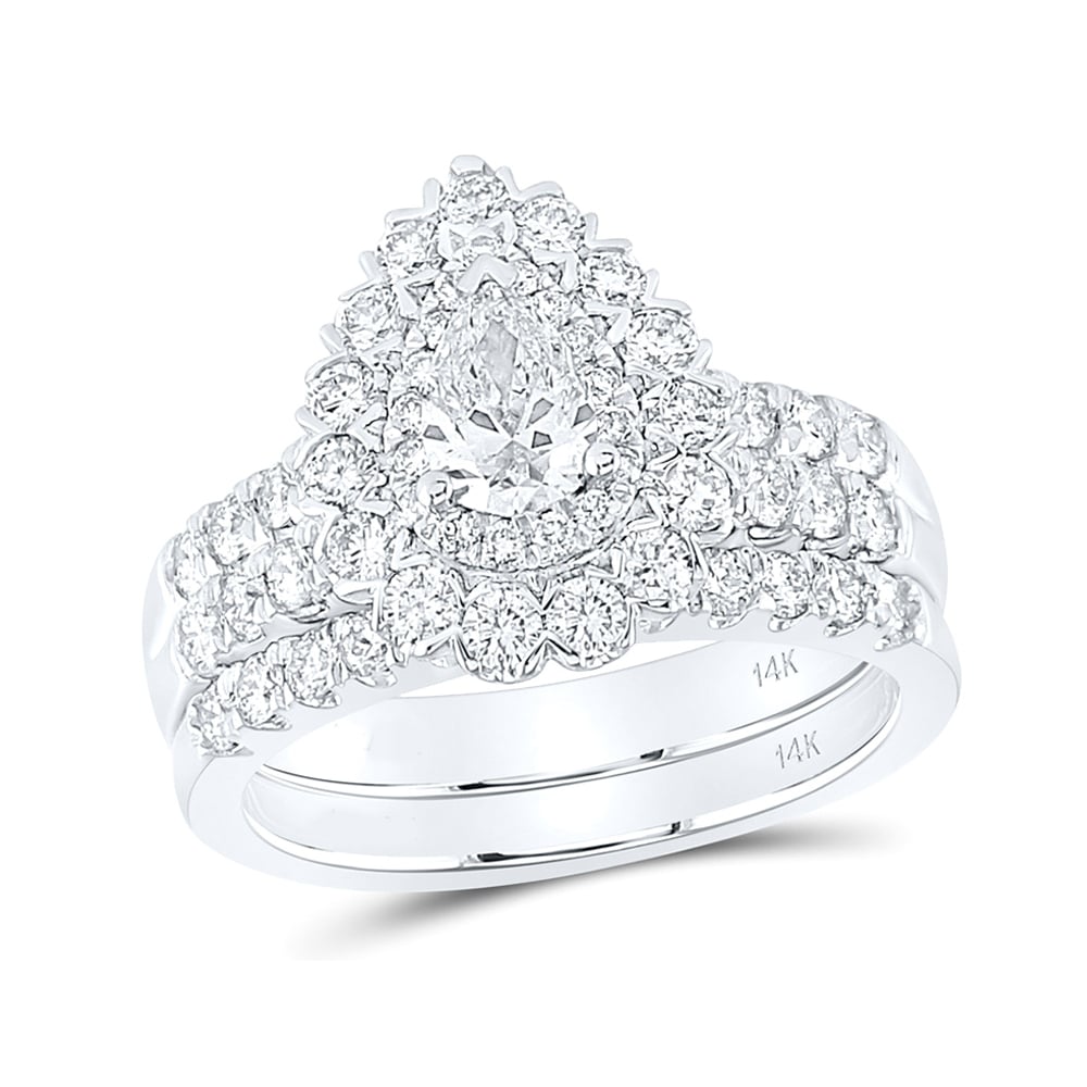 1.85 Carat (ctw G-H I1-I2) Pear Diamond Engagement Bridal Wedding Ring and Band Set in 14K White Gold Image 1