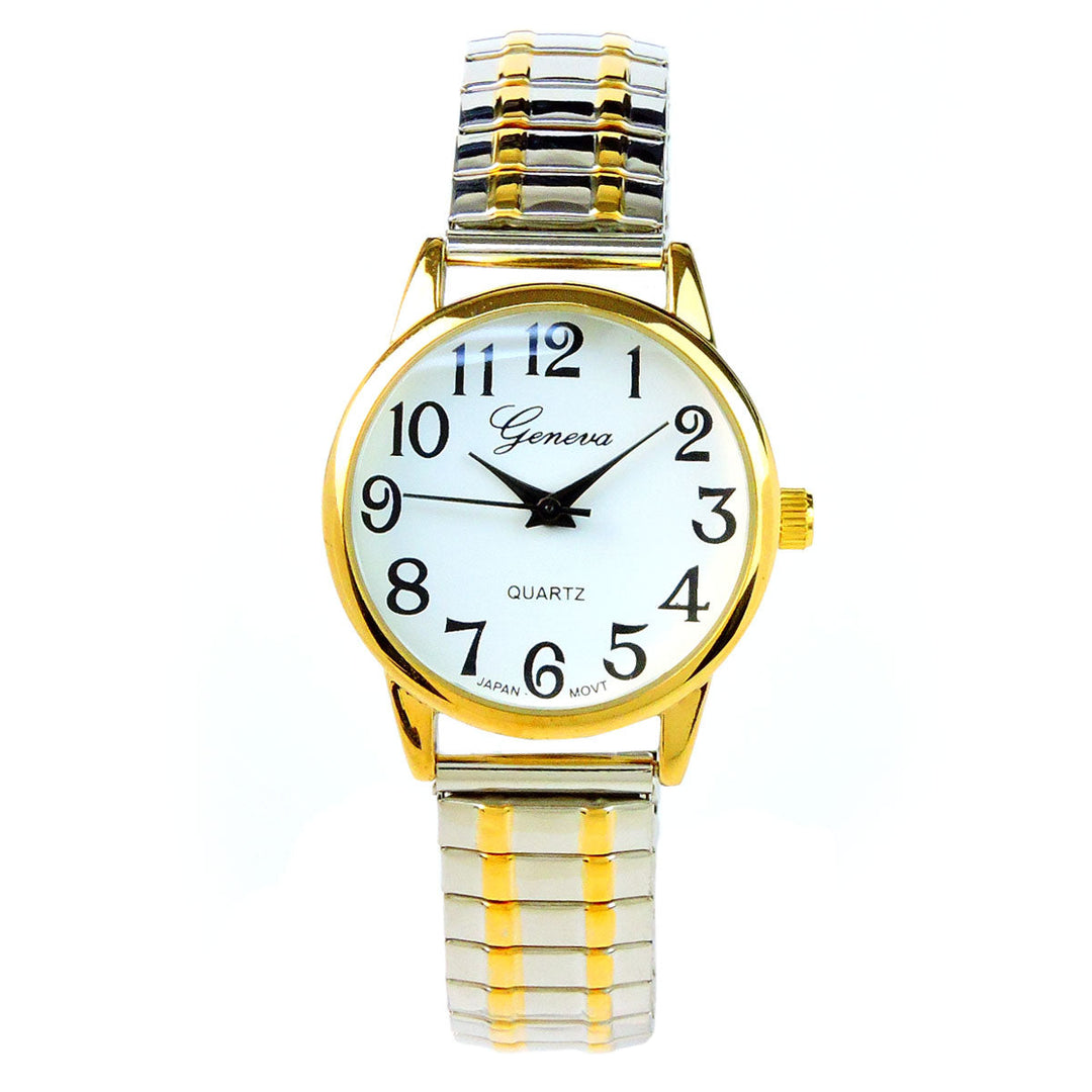 2Tone Medium Size Face Easy to Read Geneva Stretch Band Watch Image 3