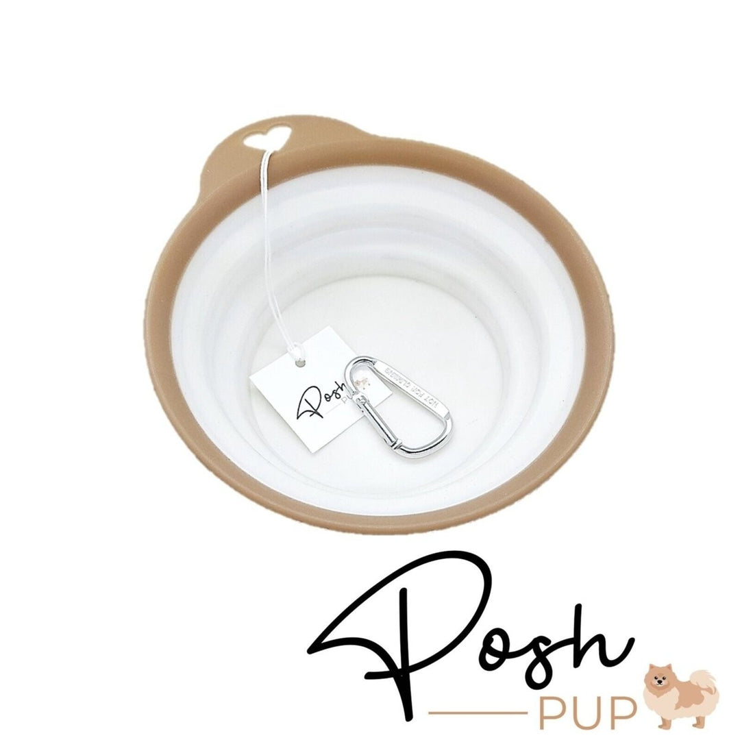 4.5" White with Brown Rim Silicone Portable Foldable Collapsible Pet Bowl Image 1