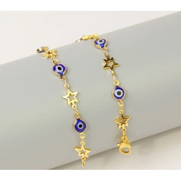 18K Gold Plated Star Blue Evil Eye Crystal Anklet Image 4