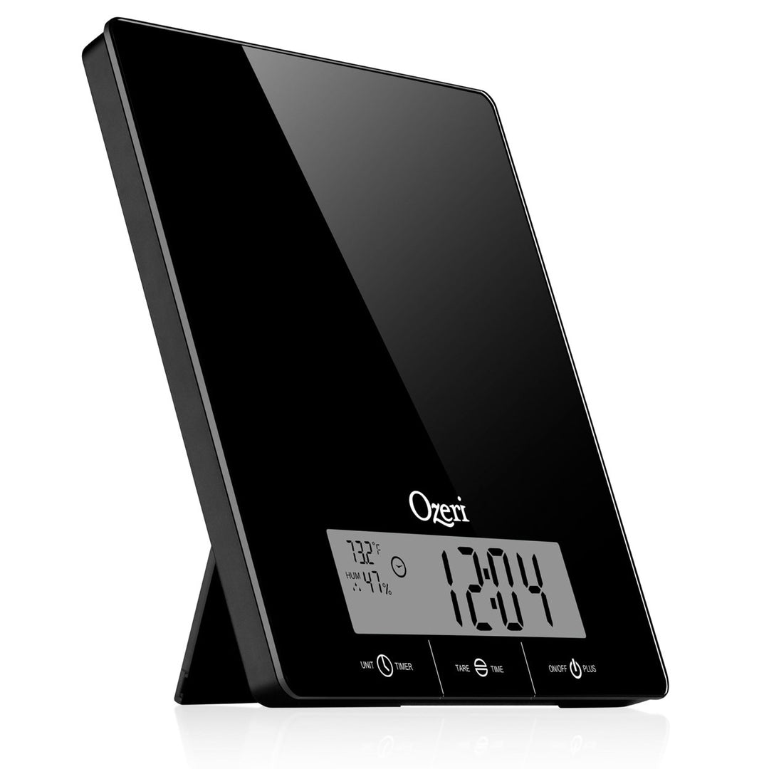 Ozeri Touch III Digital Kitchen Scale 22 lbs Tempered Glass Clock Temp Humidity Image 1