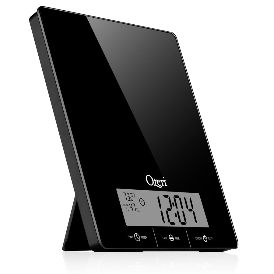 Ozeri Touch III 22 lbs (10 kg) Kitchen Scale in Tempered Glasswith ClockTemperature and Humidity Gauge Image 1