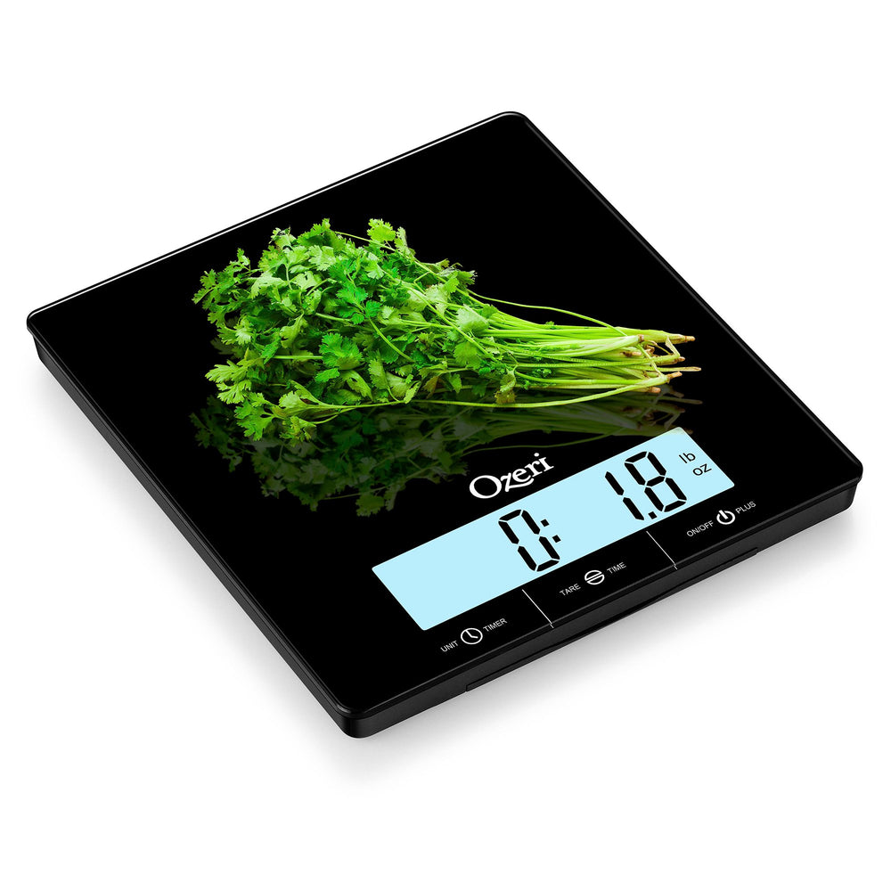 Ozeri Touch III 22 lbs (10 kg) Kitchen Scale in Tempered Glasswith ClockTemperature and Humidity Gauge Image 2