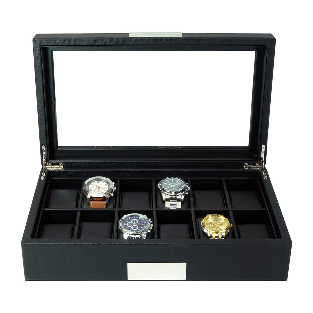 12 Slots MDF and PU Leather Watch Display Case Glass Top Jewelry Collection Storage Box Organizer Men and Women Image 4
