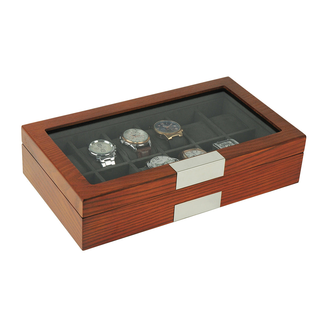 12 Slots Wooden Watch Display Case Glass Top Jewelry Collection Storage Box Organizer for Men and Women Image 3