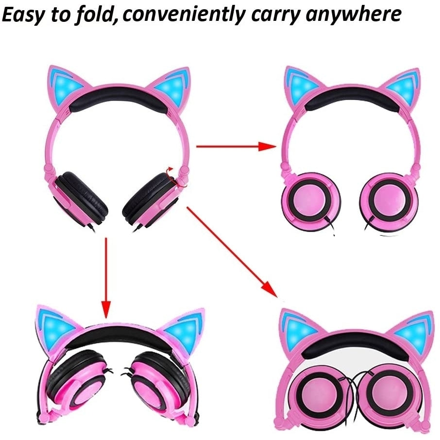 navor Cat Ear Wired Kids Foldable Earphones with LED Flashing Light Compatible with Cell Phone Laptop Computer iPad PC Image 2