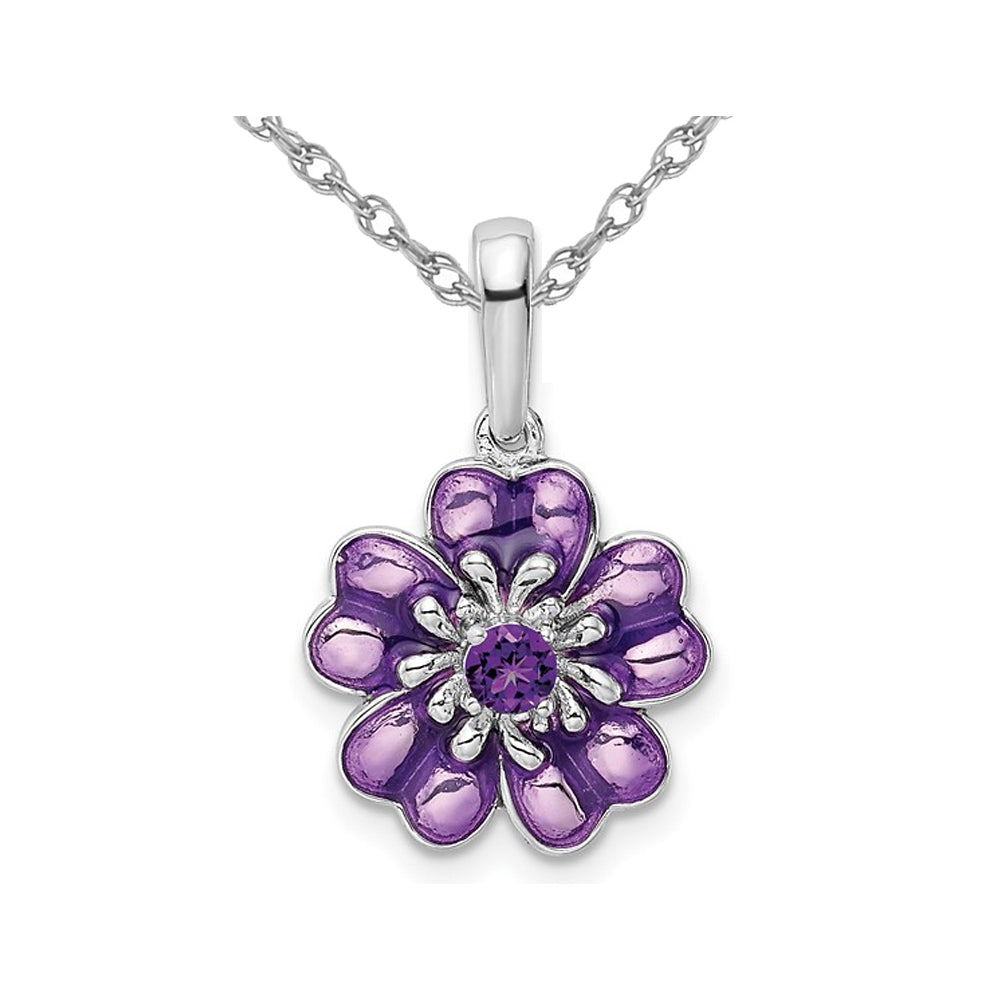 1/10 Carat (ctw) Amethyst and Enamel Flower Pendant Necklace in Sterling Silver with Chain Image 1