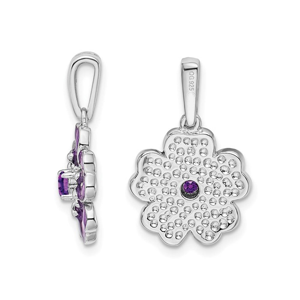 1/10 Carat (ctw) Amethyst and Enamel Flower Pendant Necklace in Sterling Silver with Chain Image 2