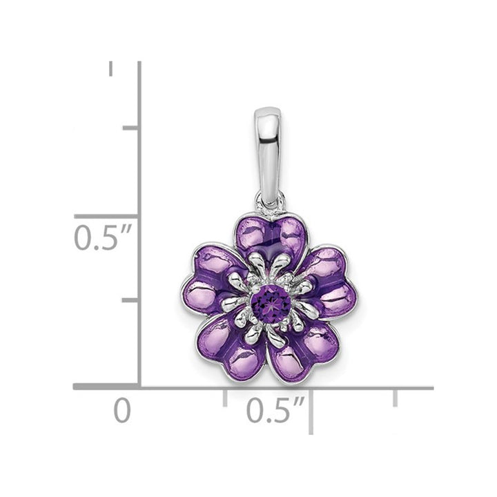 1/10 Carat (ctw) Amethyst and Enamel Flower Pendant Necklace in Sterling Silver with Chain Image 3