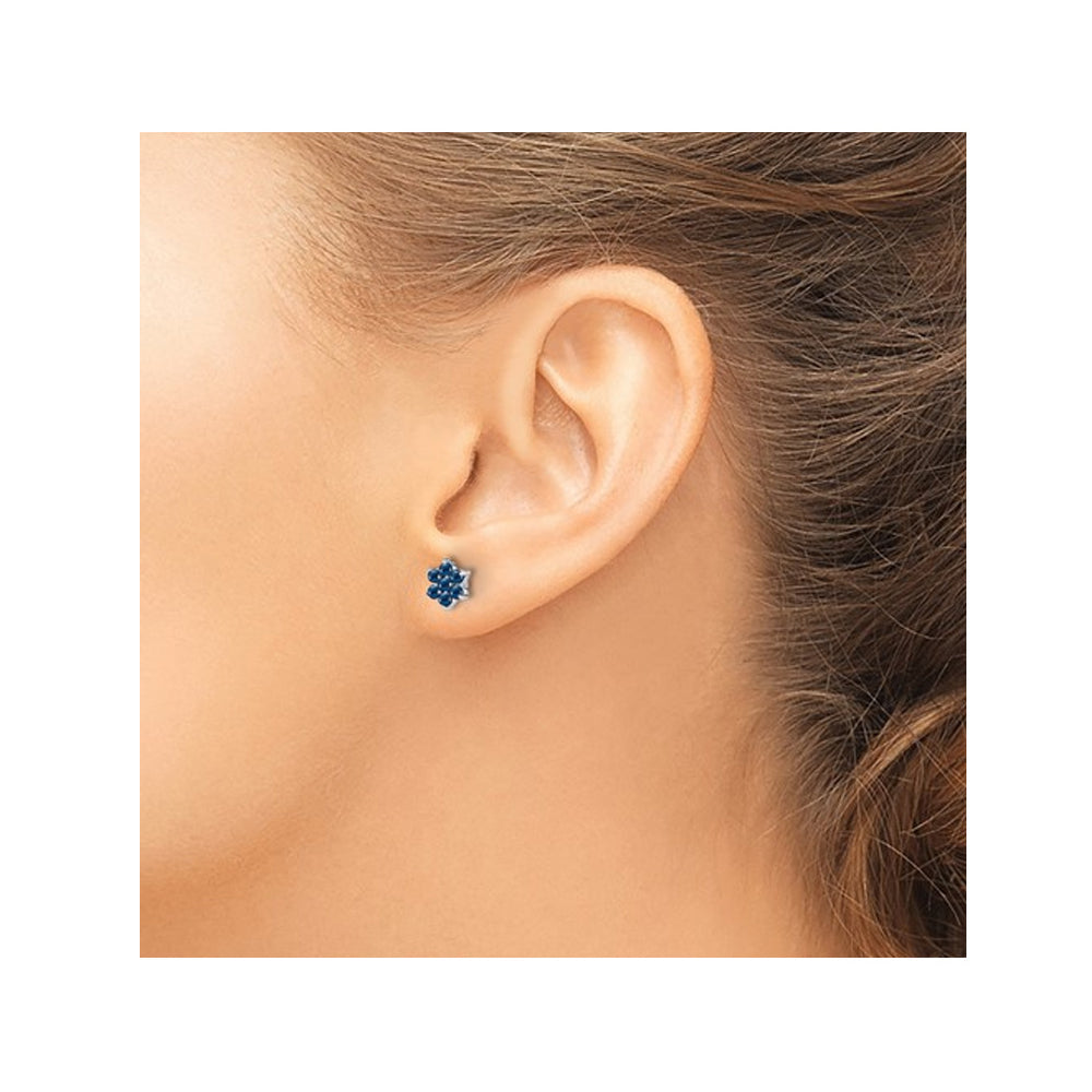 1.15 Carats (ctw) Blue Sapphire Flower Earrings in 14K White Gold Image 3