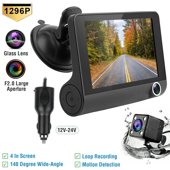 1296P Car DVR Dash Camera 4In 3 Lens Vehicle Driving Recorder Seamless Recording Image 1