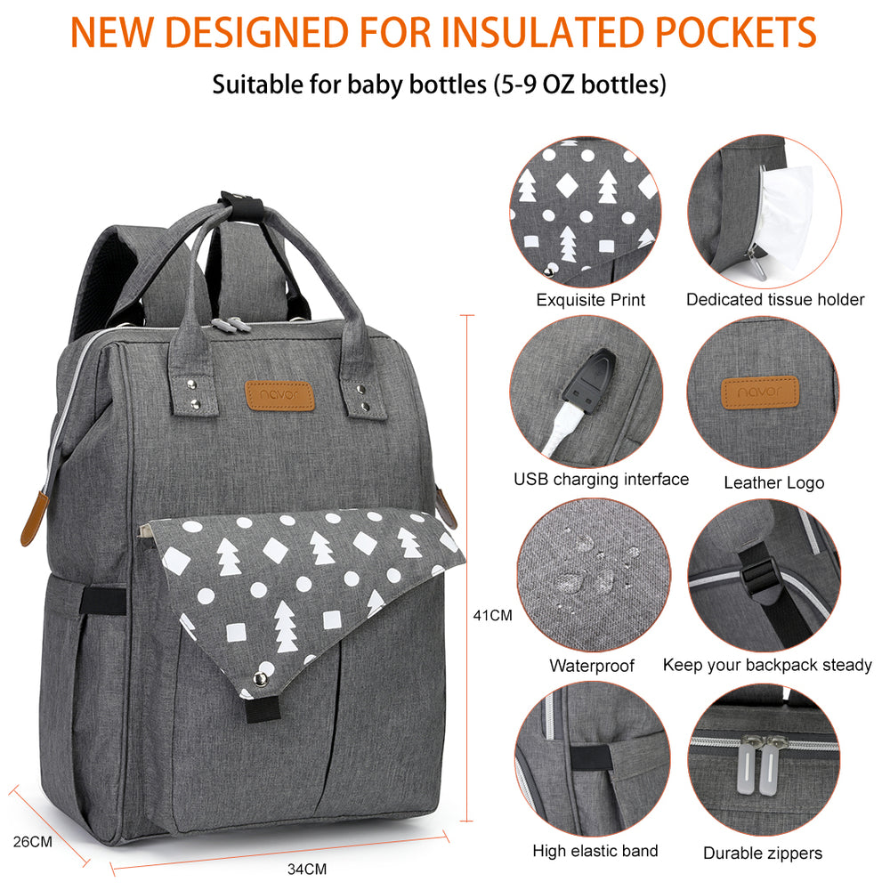 navor Multi-Function Waterproof Diaper Bag Travel Backpack Nappy Tote Bags with USB Charging Port for Baby Care, Large Image 2