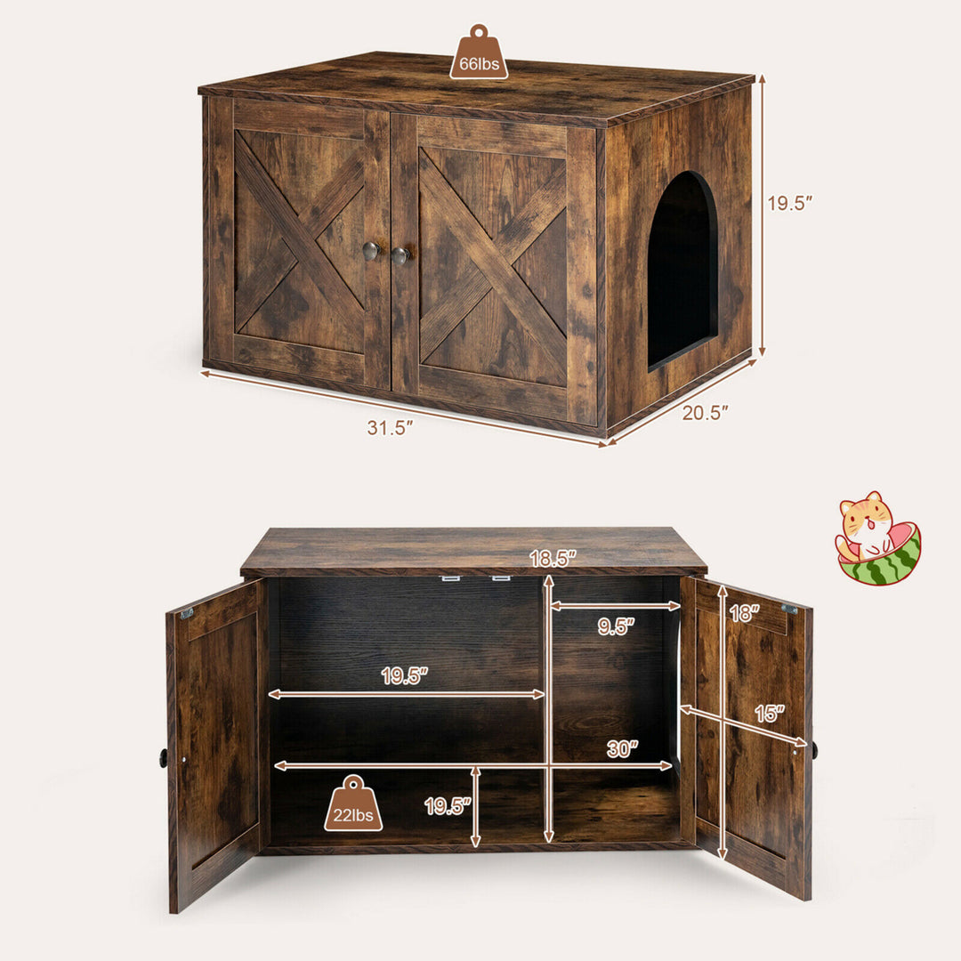 Wooden Cat Litter Box Enclosure Hidden Cabinet Furniture w/ Divider Pet House Image 2