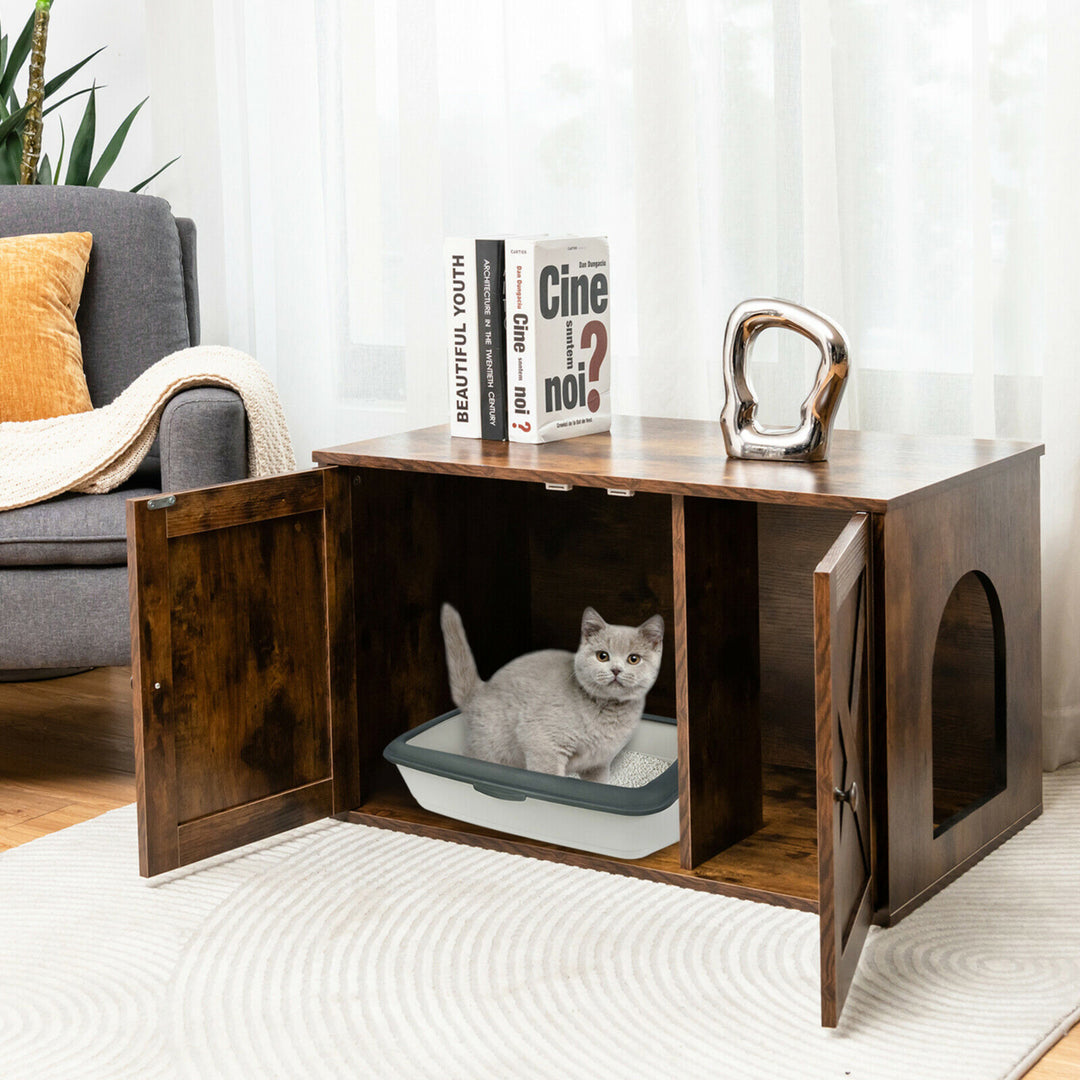 Wooden Cat Litter Box Enclosure Hidden Cabinet Furniture w/ Divider Pet House Image 3