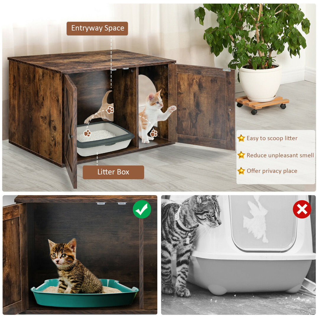 Wooden Cat Litter Box Enclosure Hidden Cabinet Furniture w/ Divider Pet House Image 4