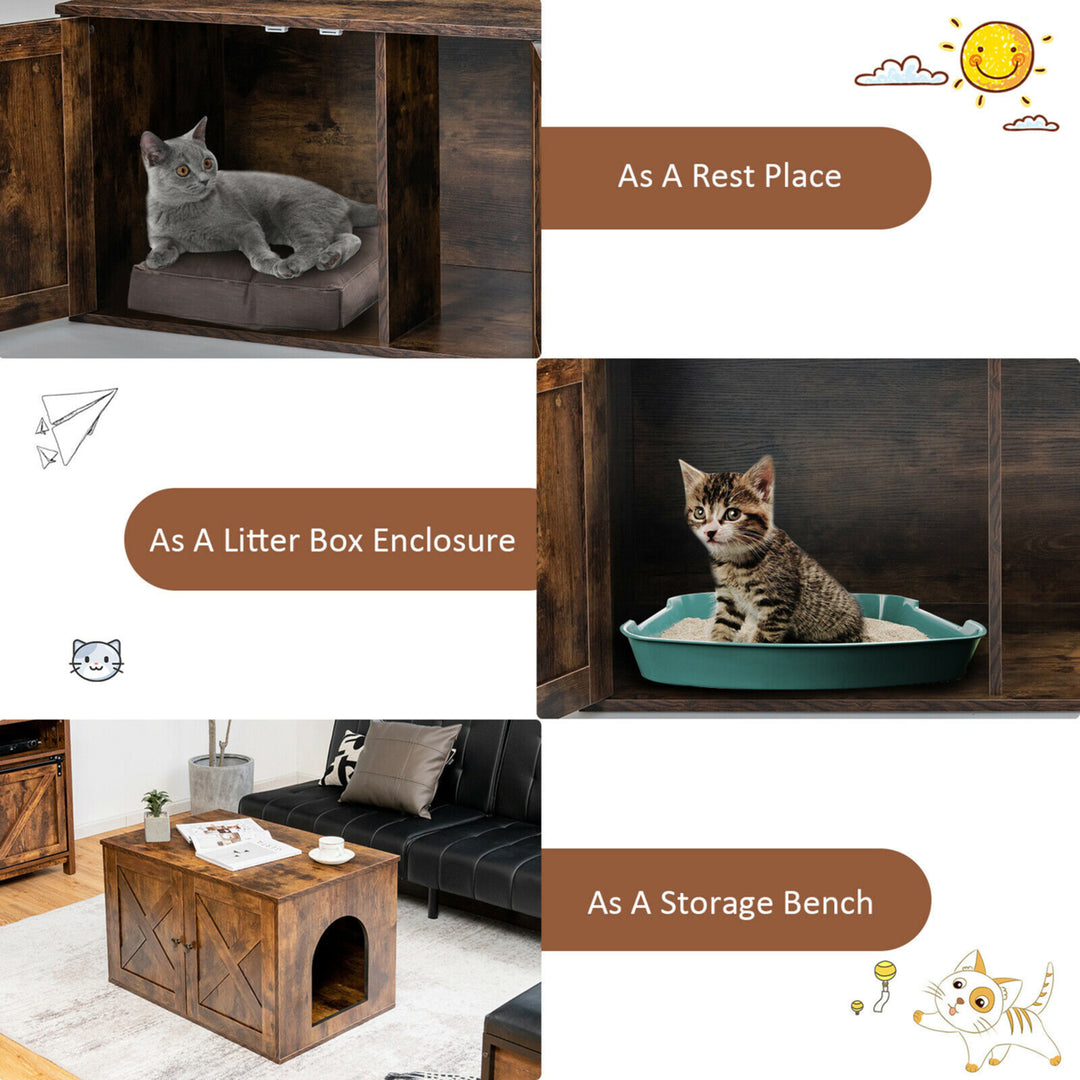 Wooden Cat Litter Box Enclosure Hidden Cabinet Furniture w/ Divider Pet House Image 6
