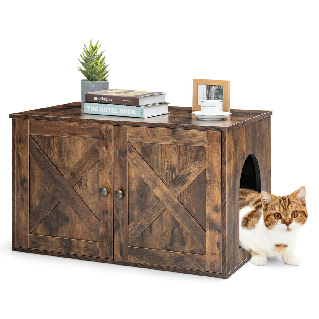 Wooden Cat Litter Box Enclosure Hidden Cabinet Furniture w/ Divider Pet House Image 9