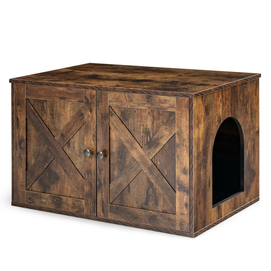 Wooden Cat Litter Box Enclosure Hidden Cabinet Furniture w/ Divider Pet House Image 10