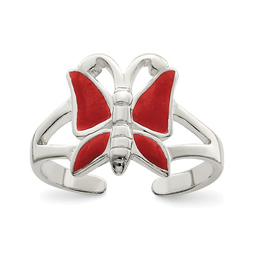 Sterling Silver Polished Butterfly with Red Enamel Toe Ring Image 1