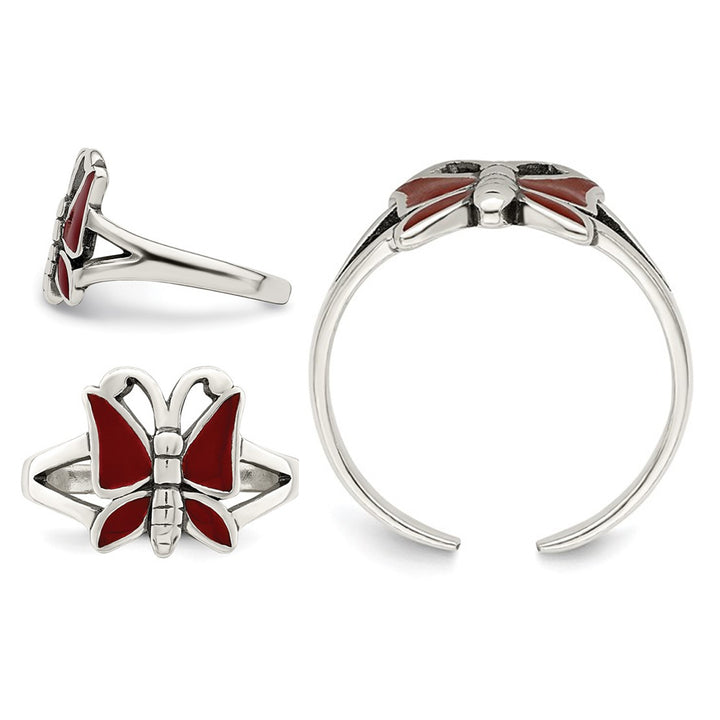 Sterling Silver Polished Butterfly with Red Enamel Toe Ring Image 3