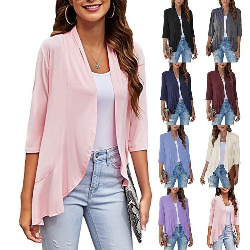 Cardigan for Women 3/4 Sleeves Open Front Lightweight Cardigan Casual Draped Ruffles Image 1